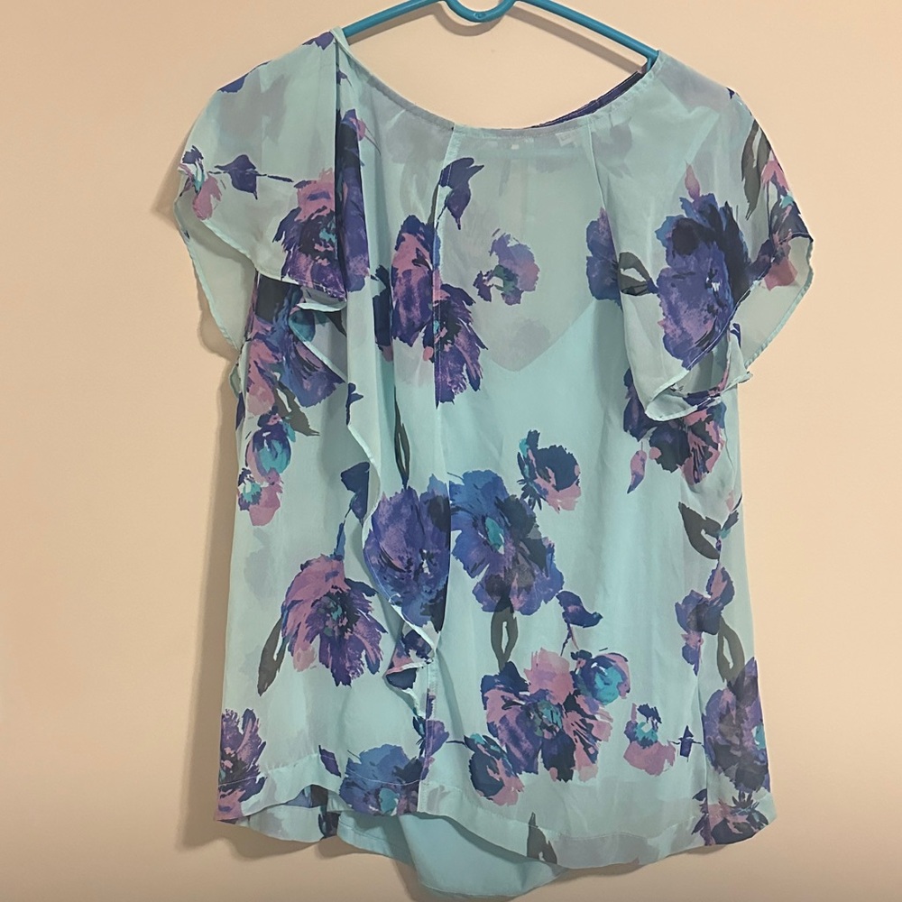 Liz Claiborne Floral Blouse - Light Blue and Purple